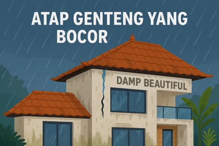 atap genteng yang bocor dengan tampilan noda di plafon