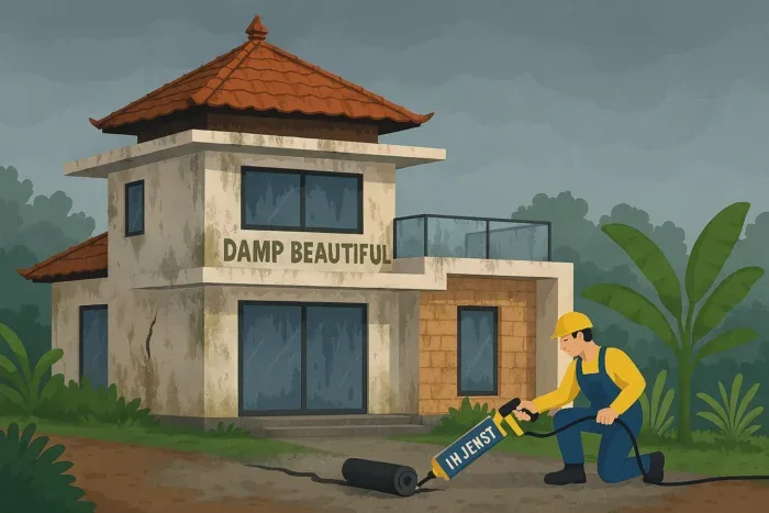 rumah di Bali dengan tampilan atap dan dinding yang lembap