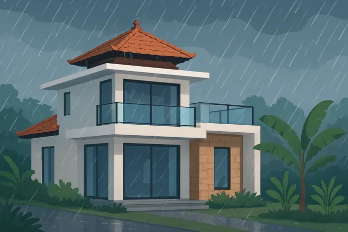 rumah modern di Bali dengan hujan deras